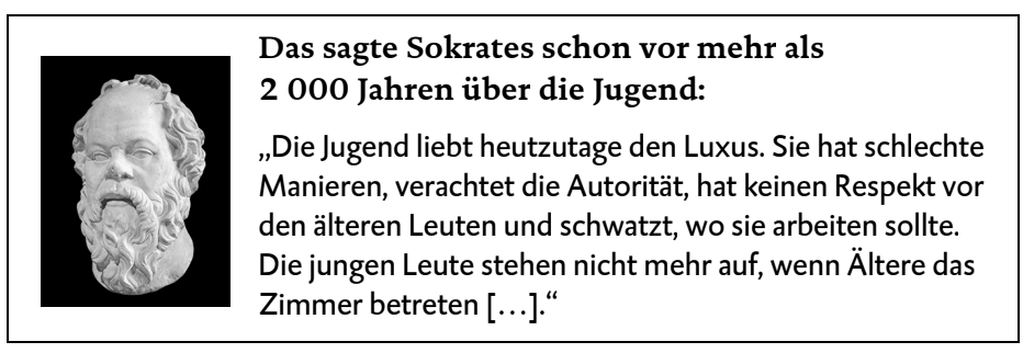 Sokrates-Büste mit Zitat über die Jugend und ihre angeblichen schlechten Manieren.